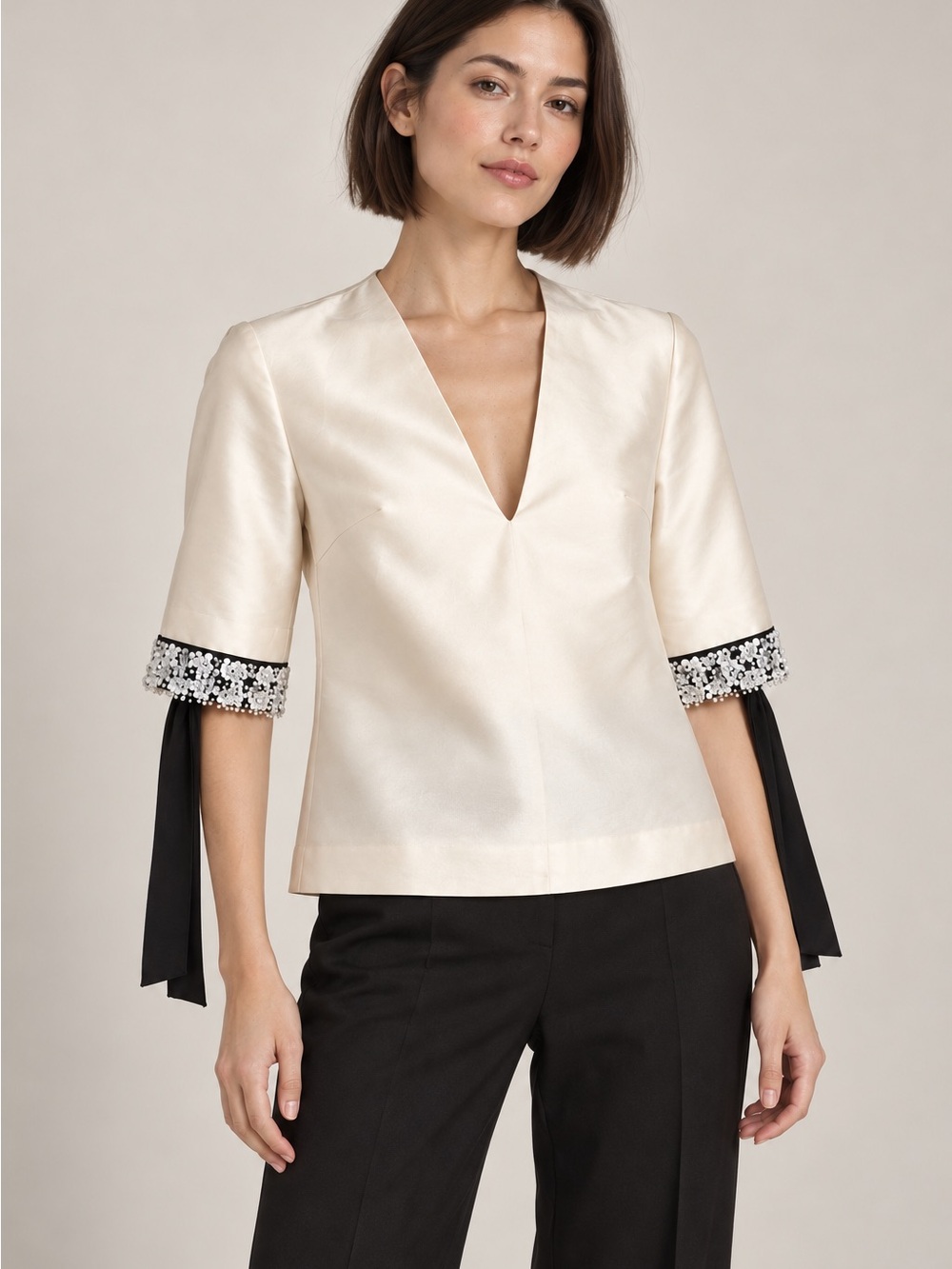 3.1 Phillip Lim Ivory Silk Blend Beaded Cuff Tie Blouse Size 4